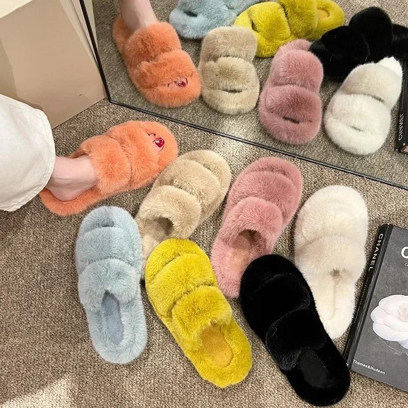 Women Fur Warm Winter Furry Fur Shoes Fluffy Plush Slippers Home House Indoor Shoes Bedroom Slippers Female Ladies Round Toe