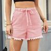 Elastic-waist Drawstring Casual High-waisted Furred Denim Shorts