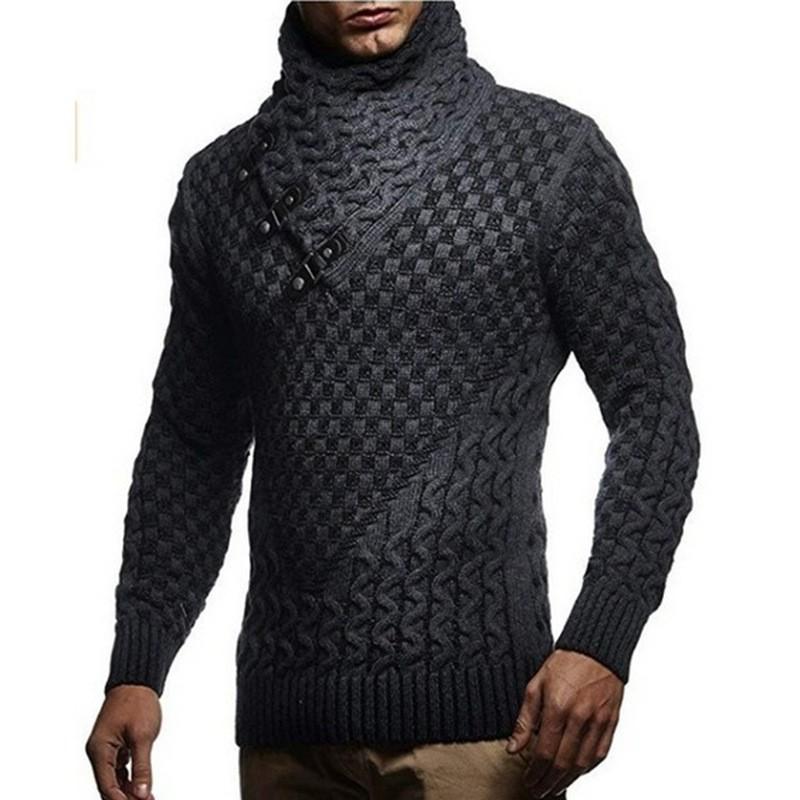 High-Necked European And American Men'S Tops, Scarf, Leather Buckle Neck, Pullover, Knitted Sweater, Casual Sweater