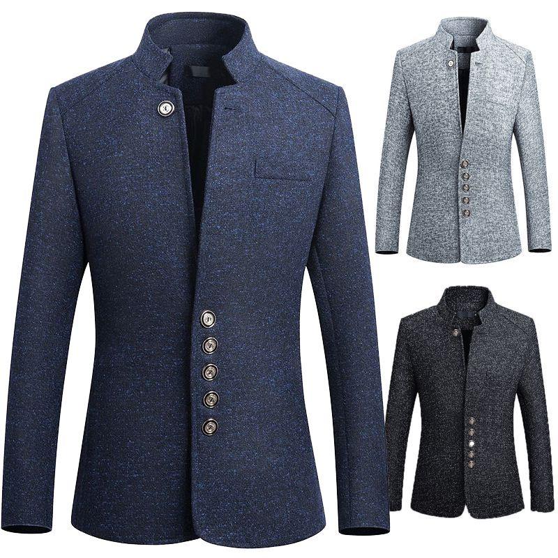Breasted Mens Single Stand Collar Jacket Business Blazer Coat Chinese Suit Tunic
