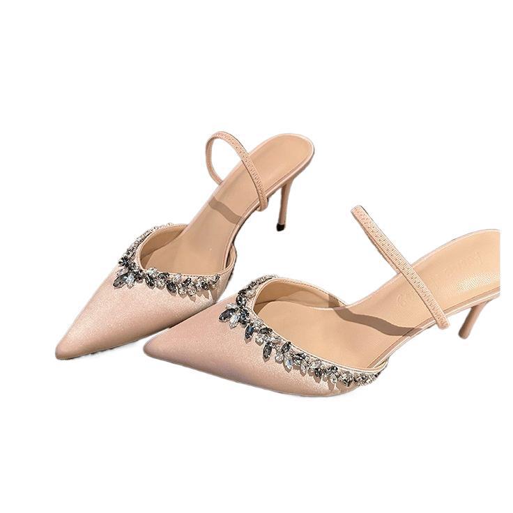 Pointed rhinestone one-word sandals 25 years old summer new two wear V thin heel bag head drag sexy shallow mouth sandals