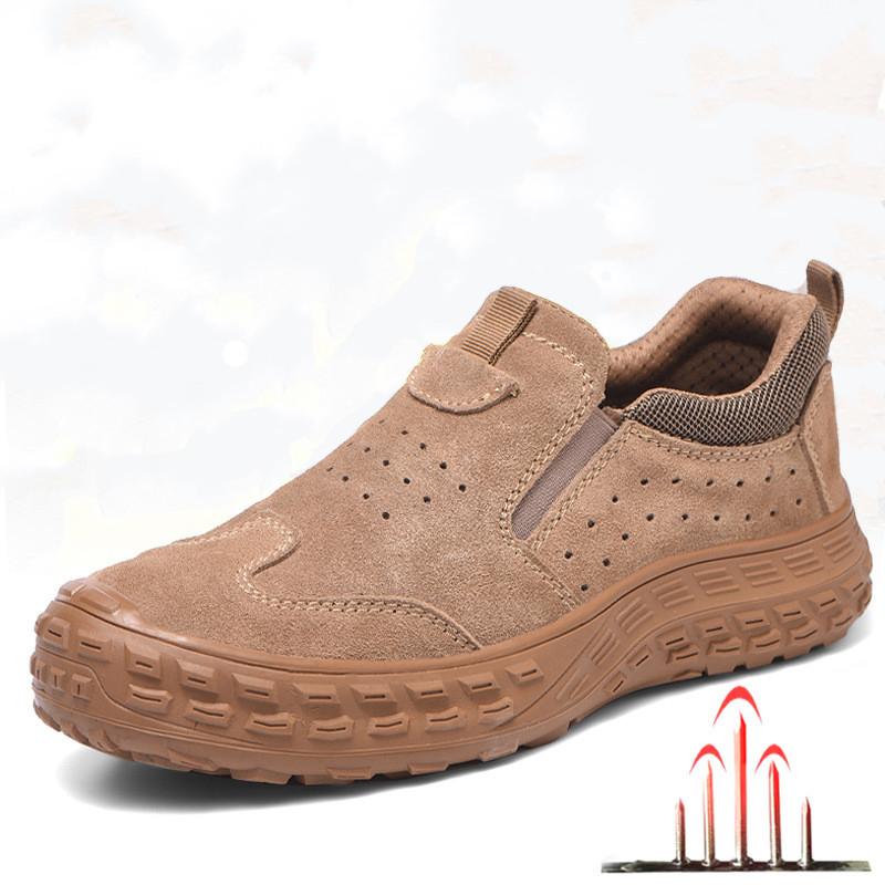 large size mens casual breathable steel toe covers working safety shoes slip-on cow suede leather security boots safe footwear