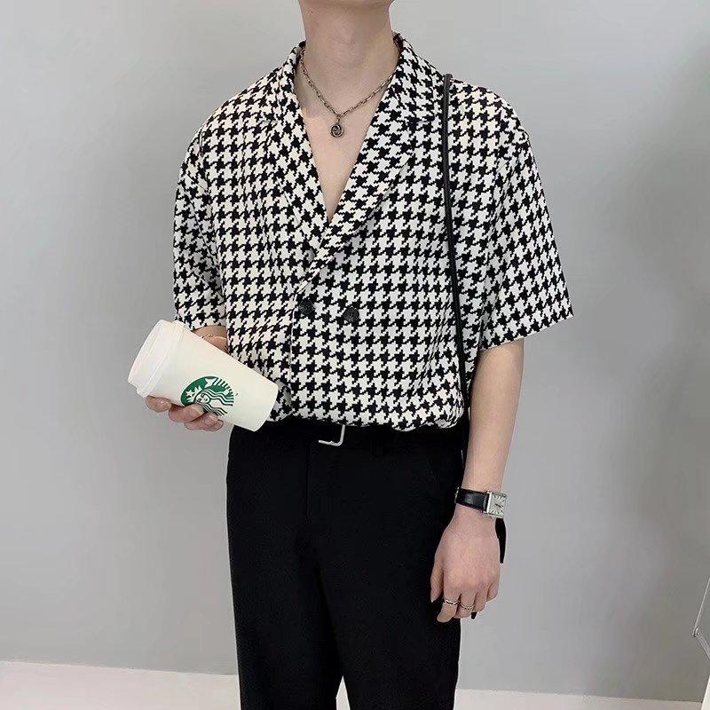Camicia da uomo elegante con motivo pied de poule - Doppio bottone, retrò, casual e di alta qualità