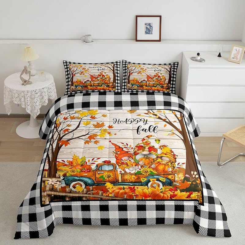 

Осенняя тыква Кантри Фермерский дом Кленовый лист Подсолнух Комплект лоскутного одеяла День благодарения Индейка Мальчик Девочка Украшение комнаты для взрослых EU single(135x200cm)