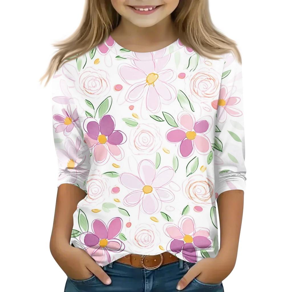 Kid's Round Neck Cute Flower Day Print Lightweight Spring/Summer Top