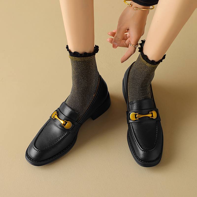 Krazing Pot Cow Leather Round Toe Thick Med Heels Spring Shoes Brogues Big Size 43 Metal Fasteners Women Pumps
