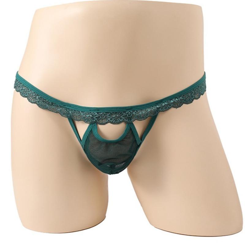 Men'S Sexy Low Rise T-Back Thong G-String Hollow Out Bulge Pouch Panties Lace Trim Belt Sissy Lingerie Naughty Male Nightwear