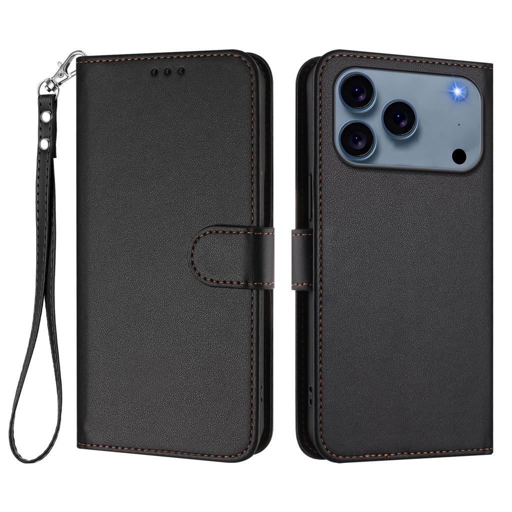 Suitable for iPhone 17E, leather-textured solid color business case, Apple 16 card slot hand strap flip cover protective case