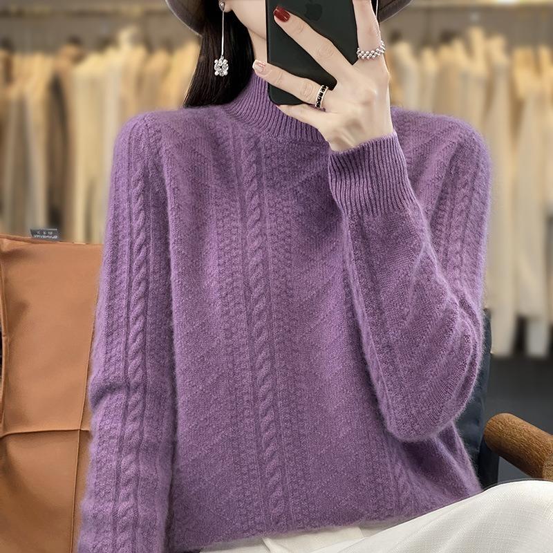 Autumn and winter new thickened jacquard semi-turtleneck long-sleeved women's top knitted sweater loose and thin jacket inside and outside