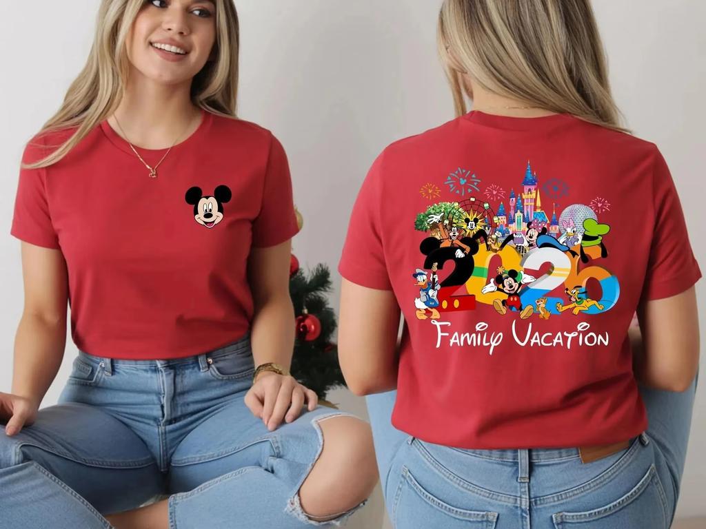 Potdemiel 2026 Family Vacation Tshirt Double Sided Cartoon Castle Print Casual Short Sleeve Tee for WoUnisex