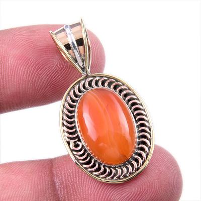 Natural Carnelian Gemstone 925 Solid Sterling Silver Two Tone Pendant 1.50" Y0F98