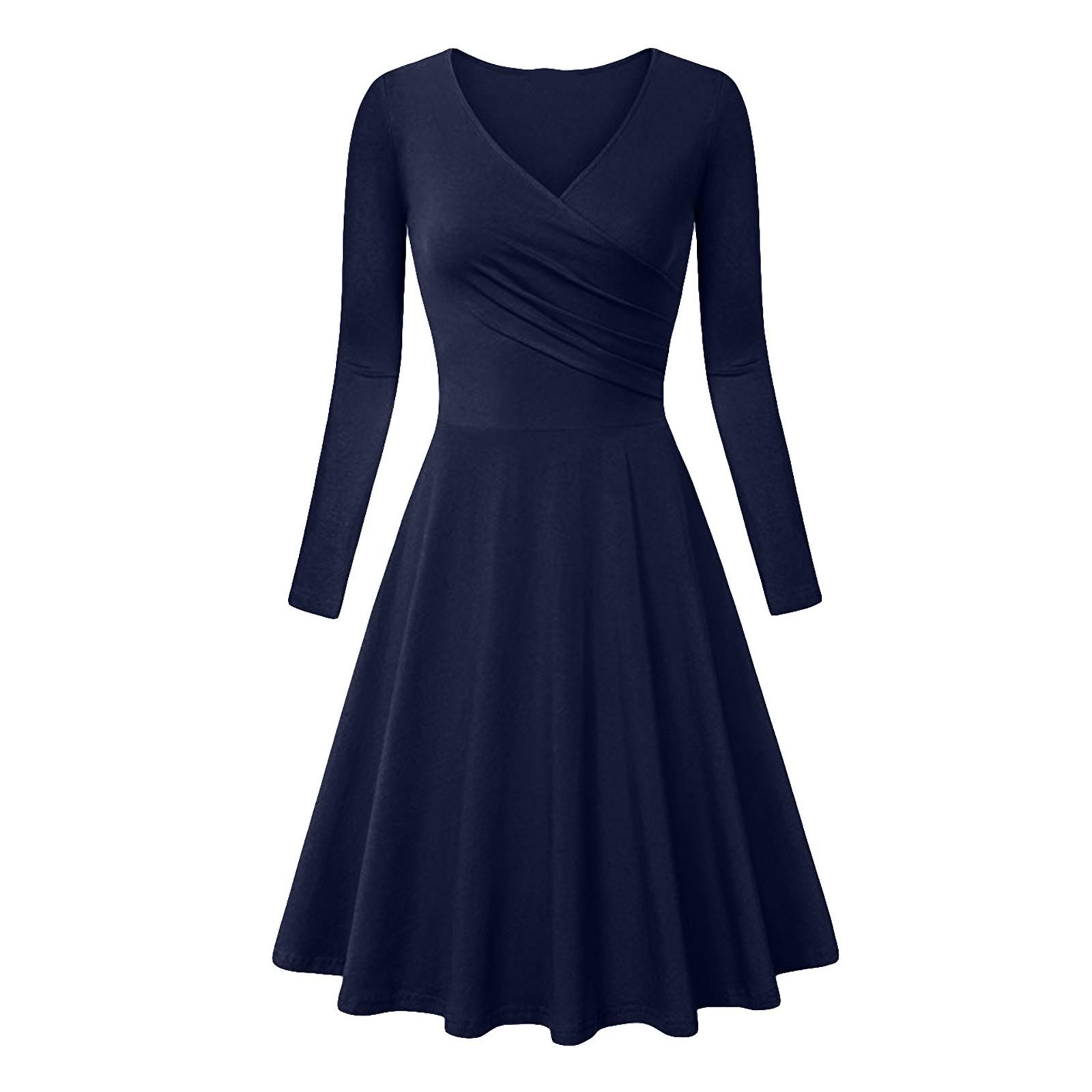 

Модное женское однотонное платье с v-образным вырезом и коротким рукавом вечернее платье L тёмно-синий