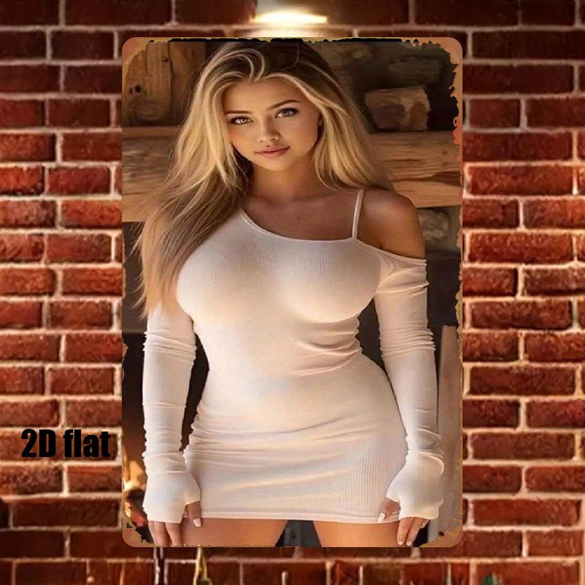 Mfoever Tin Sign Gorgeous Busty Blonde Model In White Off Shoulder Ribbed Bodycon Mini Dress Posing Vintage Metal Tin Sign Retro Iron Painting W
