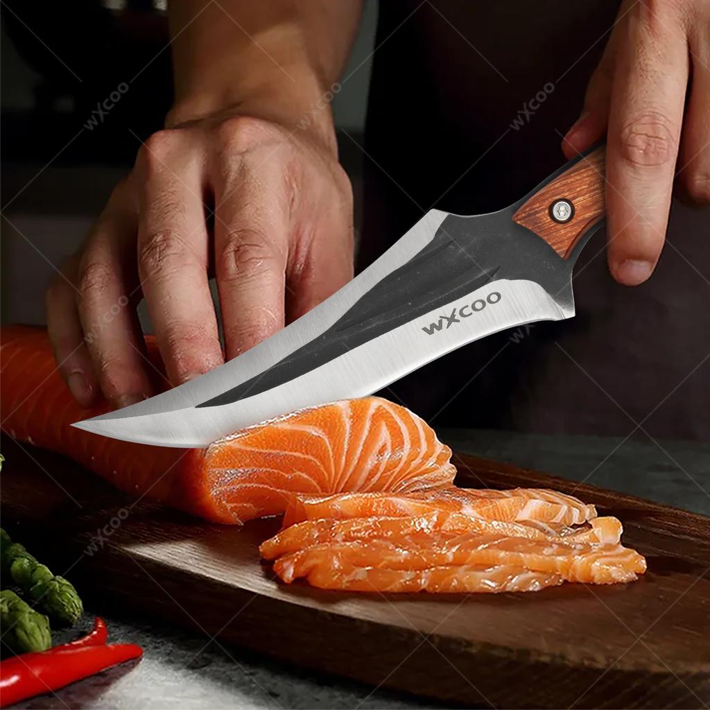 Edelstahl Hackmesser Ausbeinmesser Geschmiedetes Küchenchefmesser Fleisch Fisch Obstmesser Professionelles Metzgeresser mit Abdeckung