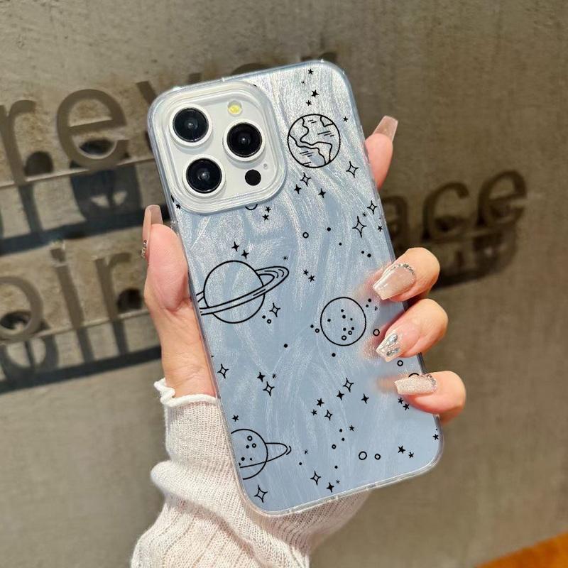 

Чехол Planet Pattern Clear Soft Edge Slim Sparkling для iPhone 16 Pro Max 15 Pro 14 13 12 11 с перьями и блестками, противоударный, жесткий, для задней панели из ПК iPhone 16 Pro Max прохладный черный