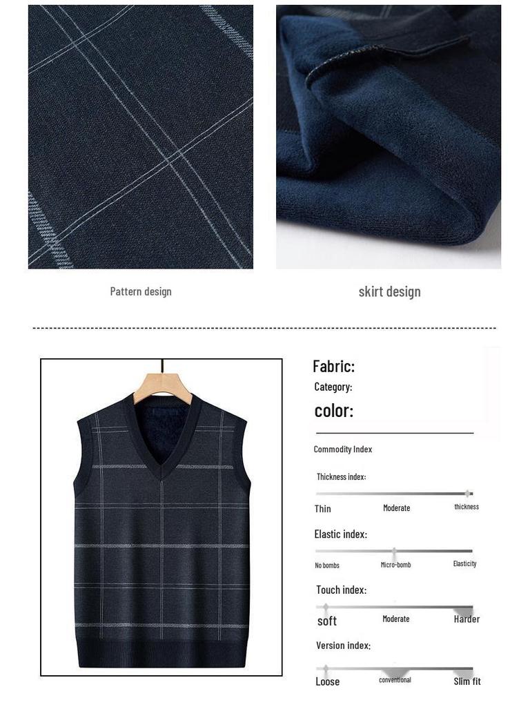 Dad's Fleece-Lined Sweater Vest: Warm Knitted Base Layer for Middle-aged and Elderly Men in Autumn and Winter.
