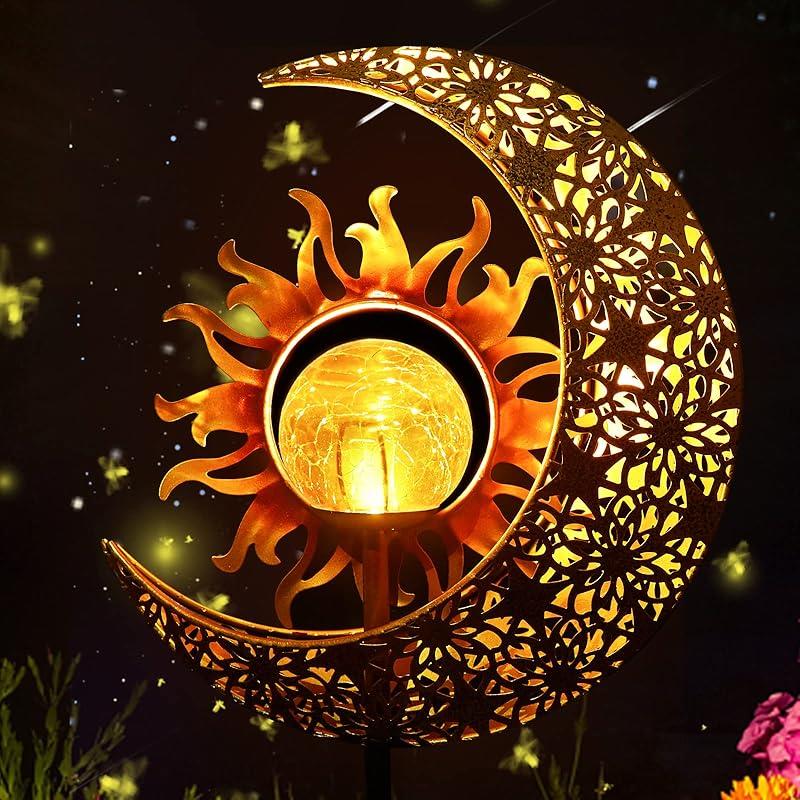 LICKLIP Garden Solar Lights Outdoor Decorative, Sun & Moon Crackle Glass Globe Metal Stake Light, Waterproof Warm White LED Light, Decorations for