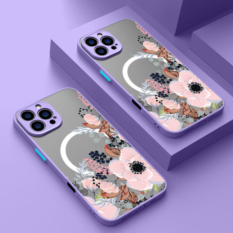 Beautiful Floral Pattern for Magsafe Case For iPhone 16 Pro Max 15 14 Plus 13 12 Pro 11 8 7 Clear Matte Shockproof Soft Edge Slim Magnetic Phone Cover