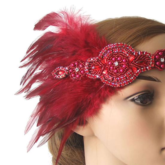 Women Flapper Headband Faux Pearls Feather Tassels Rhinestones