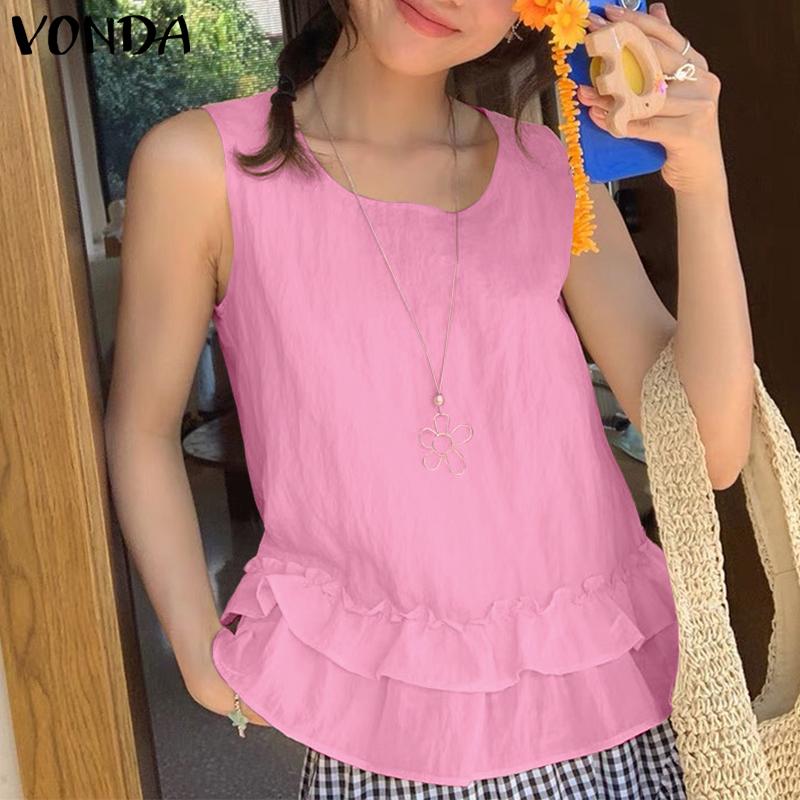 VONDA Women Summer Tank Tops Sleeveless Round Neck Ruffled Casual Blouse