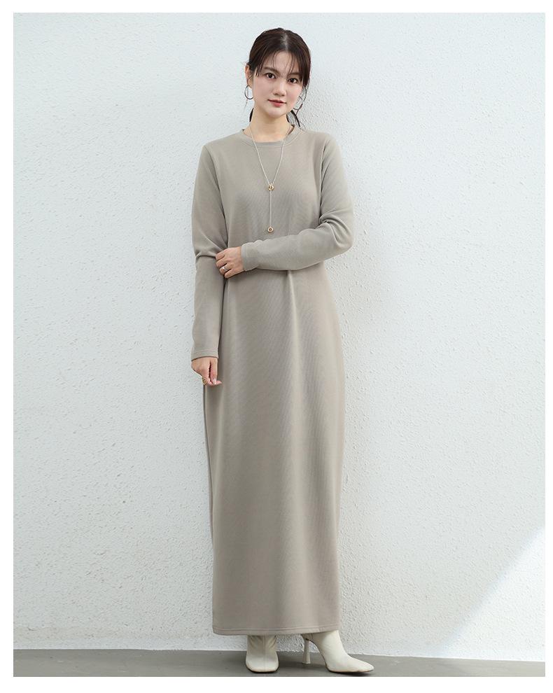 Autumn-Winter Japanese Style Brushed Wool Round Neck Long Sleeve Slimming Warm Dress for Women