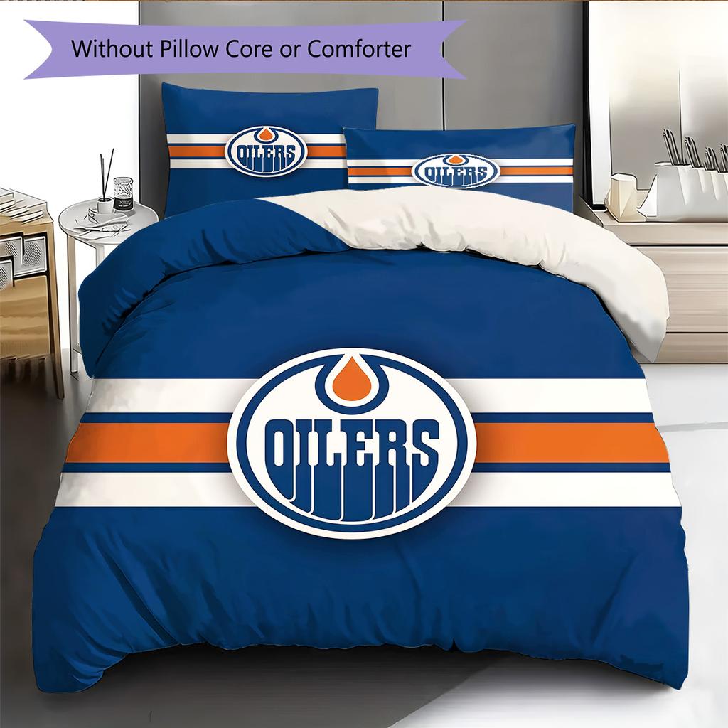 Edmonton Oilers Pattern Bedding Quilt Set  Home Decoration  Gift (1 * Duvet Cover + 2 * Pillowcase  Without Core)