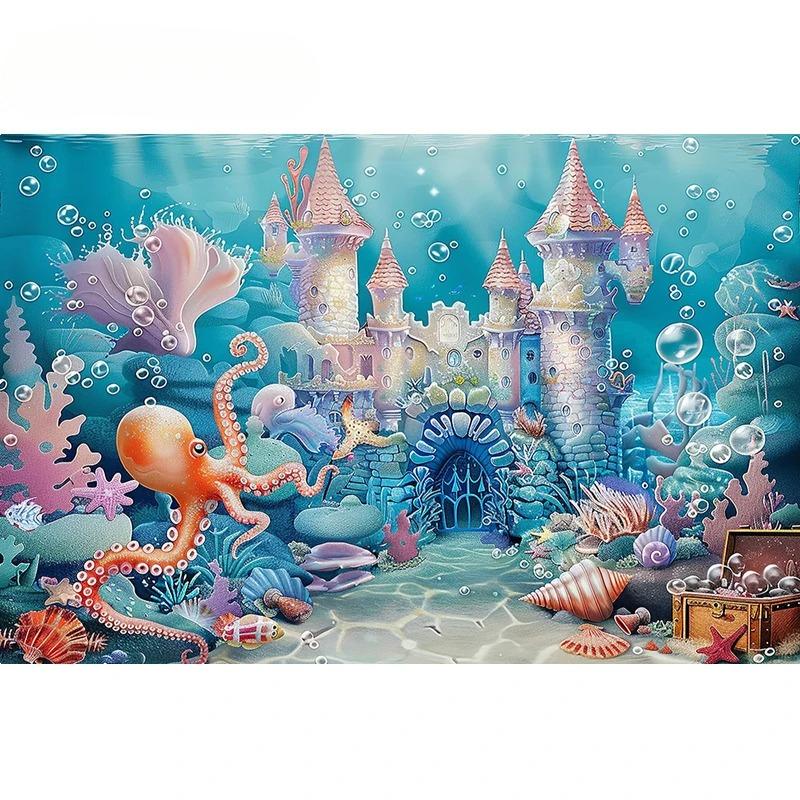 Underwater World Backdrop Summer Mermaid Ocean Castle Kid Birthday Party Cake Smash Decor Banner Photography Background