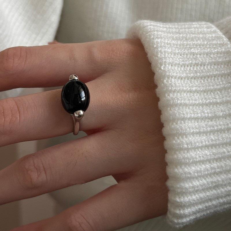 Geometric Oval Black Faux Jade Adjustable Ring for Women Open Adjustable