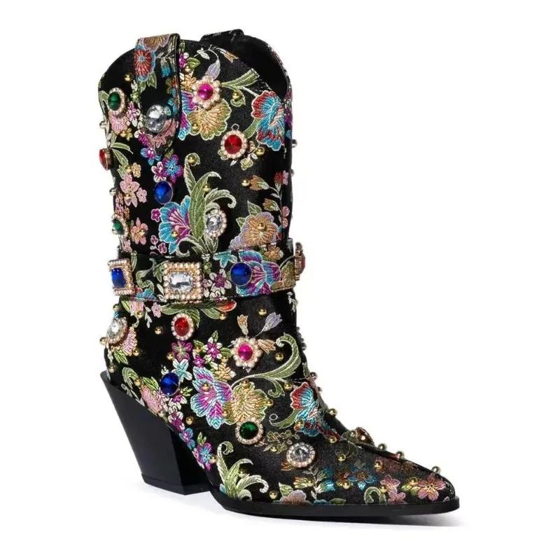 Fashion Brand Woven Brocade Embroidery Rhinestone Rivet Short Boots  New Fashion Show Pointed Slope Heel Chelsea Women's Boots Size 43