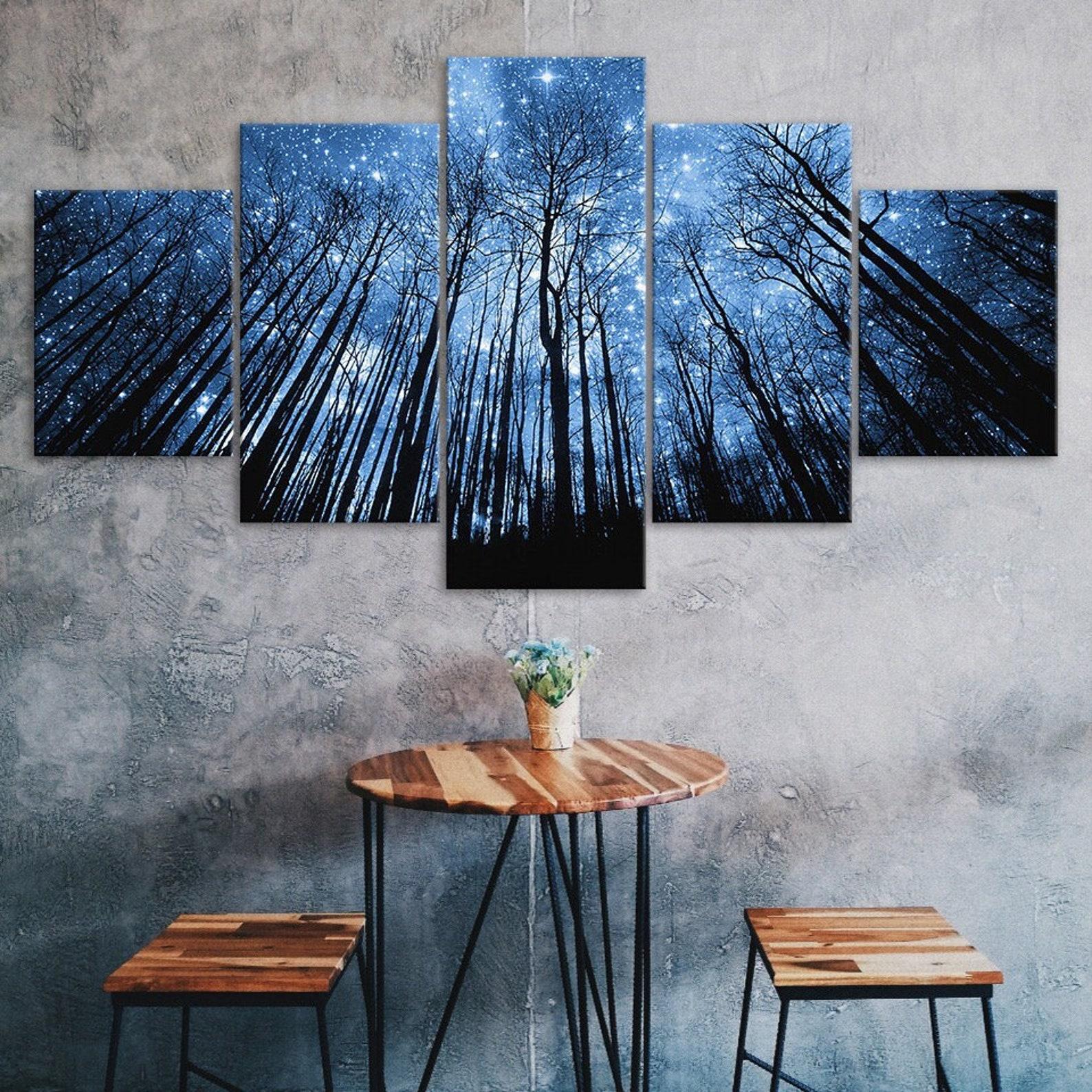 

Starry Night Sky Blue Forest Trees Landscape 5 Piece Five Panel Wall Canvas Print Modern Art Poster Picture Home Decor Gift For Him Her 20X35 20X45 20X55CM