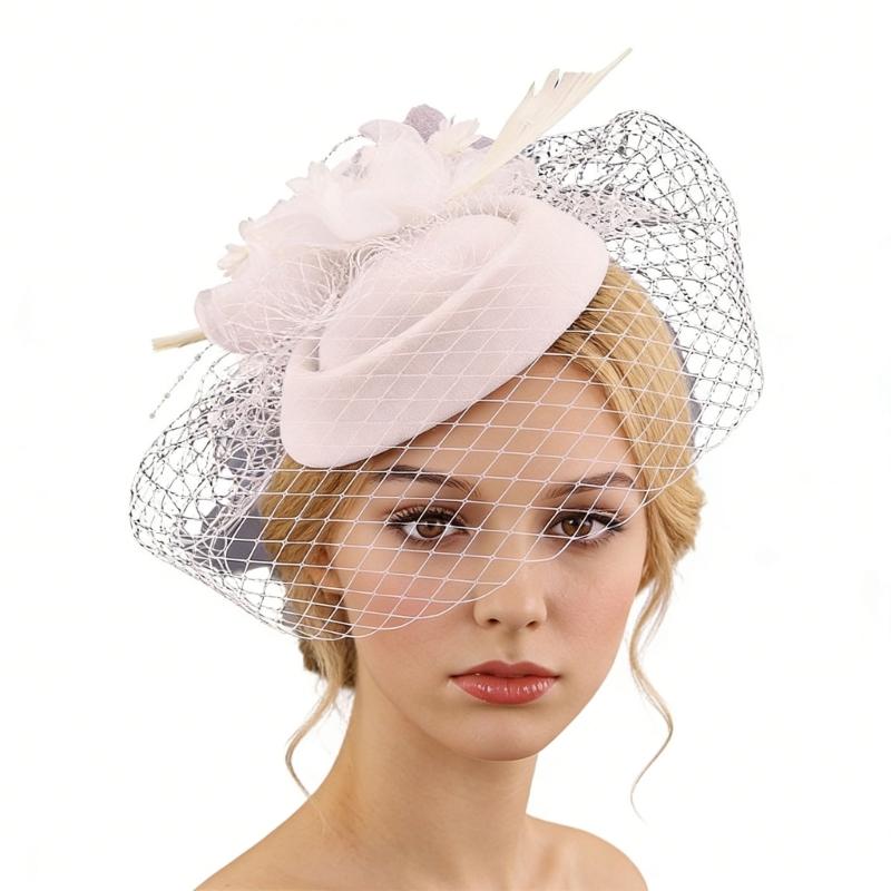 Elegant Feathered Flower Fascinator Hat for Women Cocktail Party Wool Fedoras Hat For Masquerade Parties Dressingup