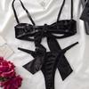 New sexy bra ow fun suit black hollow bow strap underwear set