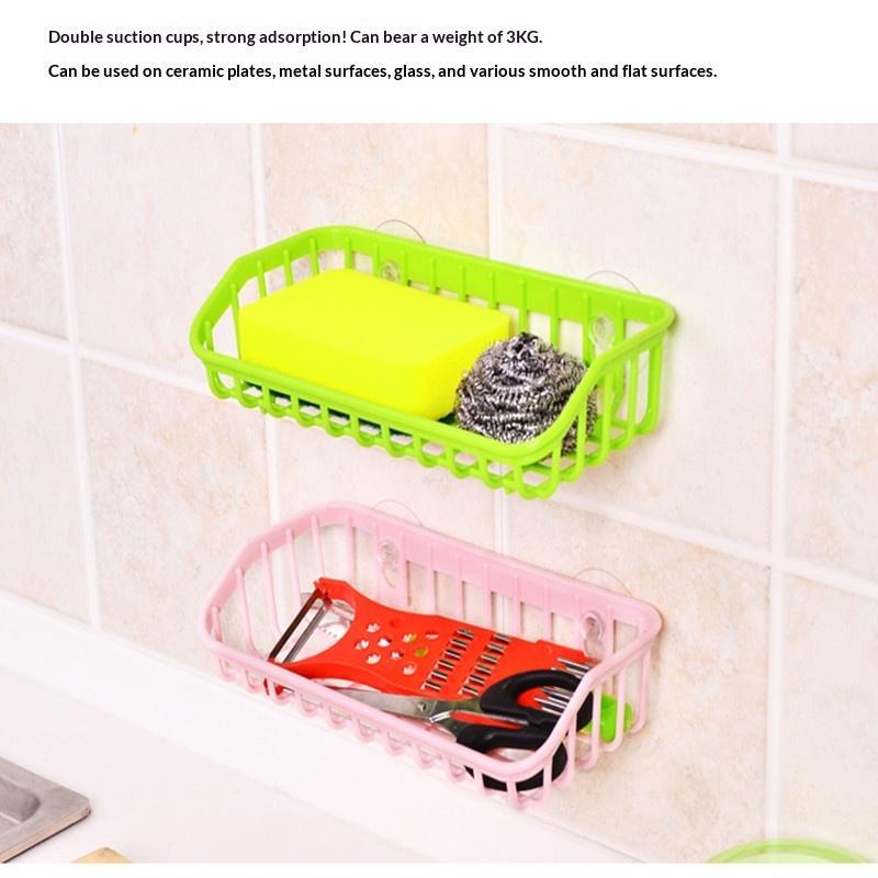 Multifunctional Double Suction Cup Kitchen Sink Drain Basket Hollow Plastic Sponge Soap Dish Storage Rack for Home