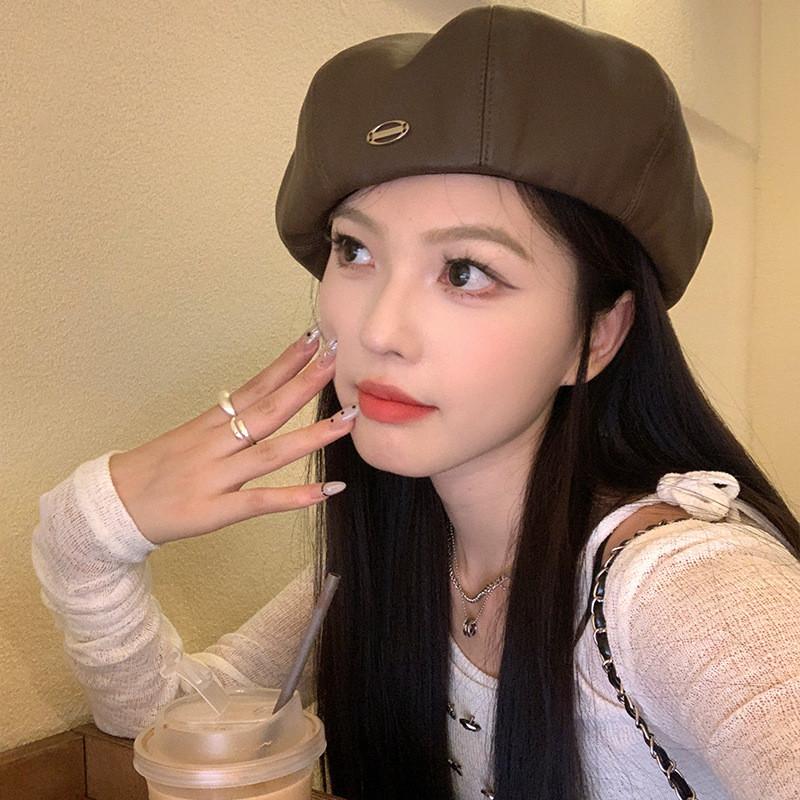 Leather Pu Chic Beret Cap For Women In Trendy Brown Black And Beige Colors Perfect For Fashion Lovers In Spring Autumn