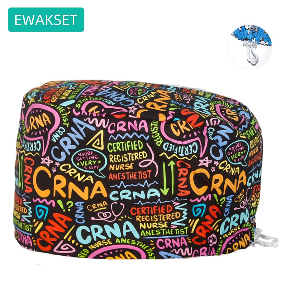 Women's Long Hair Medical Scrub Cap Dental Anesthesia Skeleton OBGYN Print Surgical Hat Adjustable Euro Style for Nurse Doctor