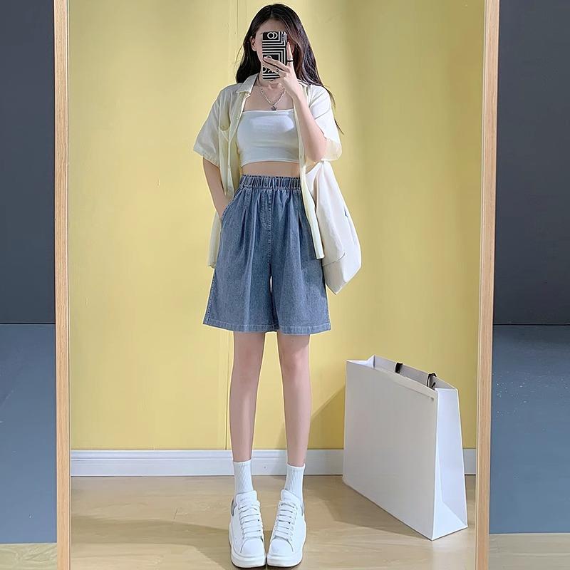 

Летние тонкие новые свободные прямые большого размера тонкие летние широкие пятиточечные брюки L темно-синий