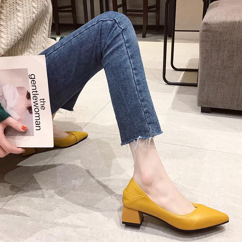 Work shoes Professional women's shoes Two wear medium heel pointed versatile single shoes Beige high heels Women's thick heel