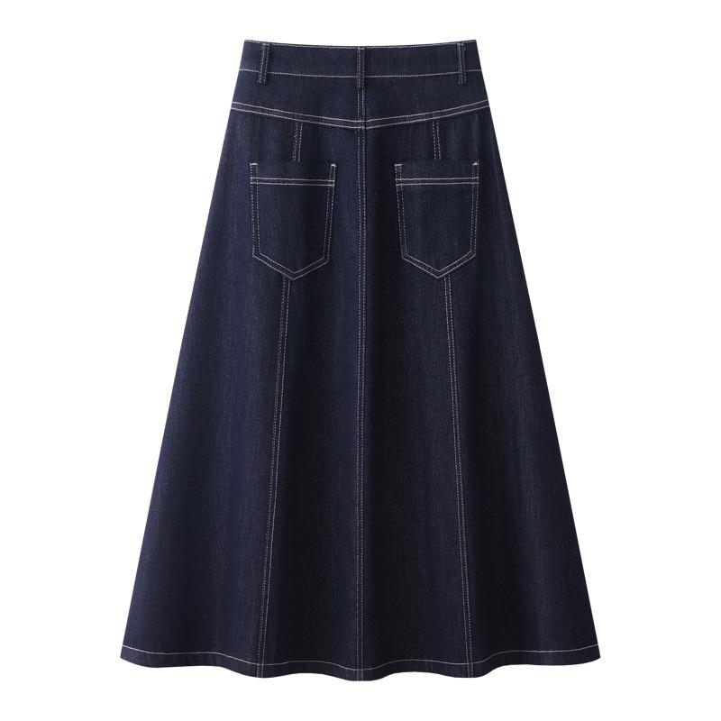 A-Line Dark Blue Denim Midi Skirt for Women - New 2025 Spring/Autumn Slimming, Loose Fit, Draped Umbrella Style
