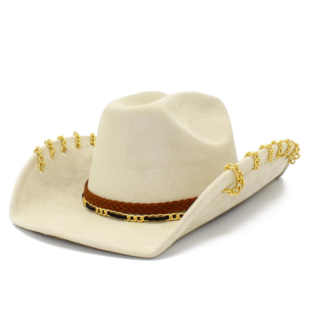 Yeni trend havalı metal zincirli western kovboy şapkası moda geniş kenarlı güneş şapkası süet caz şapkası