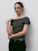 KITTY POTTERY Striped Off-Shoulder Short-Sleeve T-Shirt (Black)
