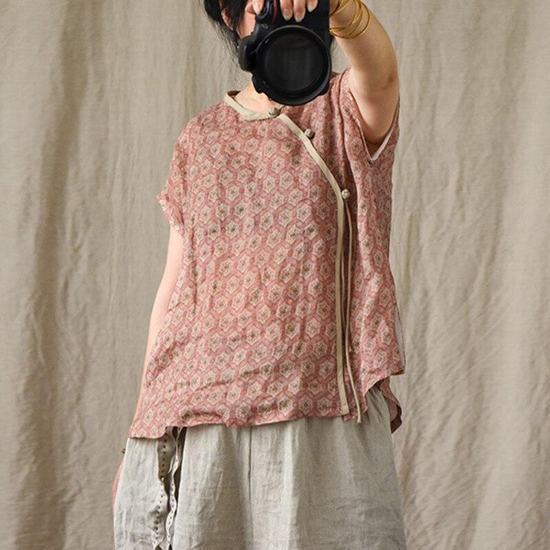 Johnature Women Shirts V-Neck Sleeveless Print Floral Loose Blouse Summer Button Chinese Style Vintage Shirts