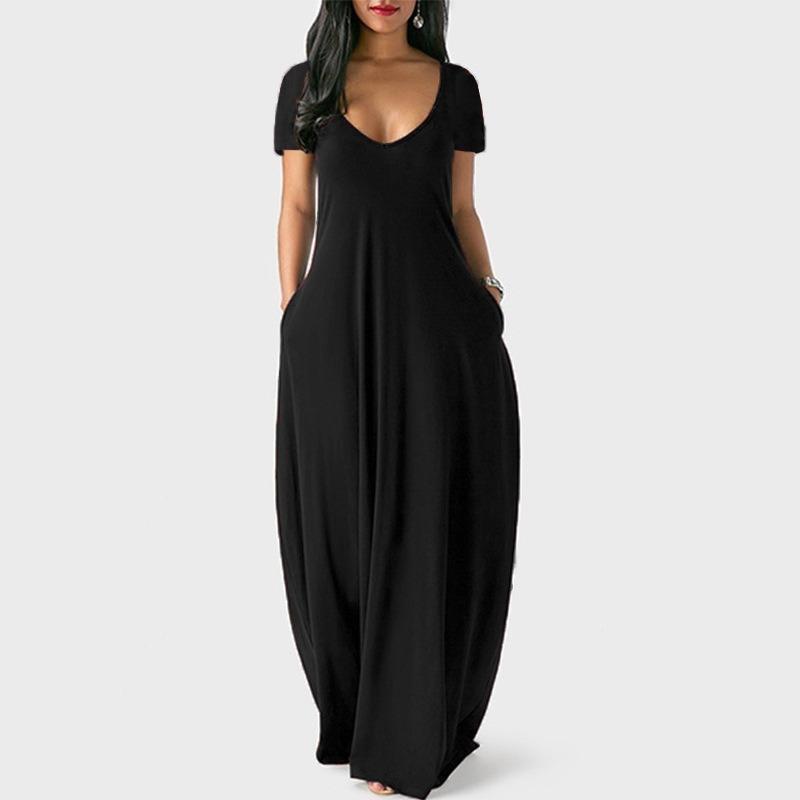 QICED Fashion Summer Spring Solid Color Print Short Sleeve U-Neck Casual Dresses Unique design