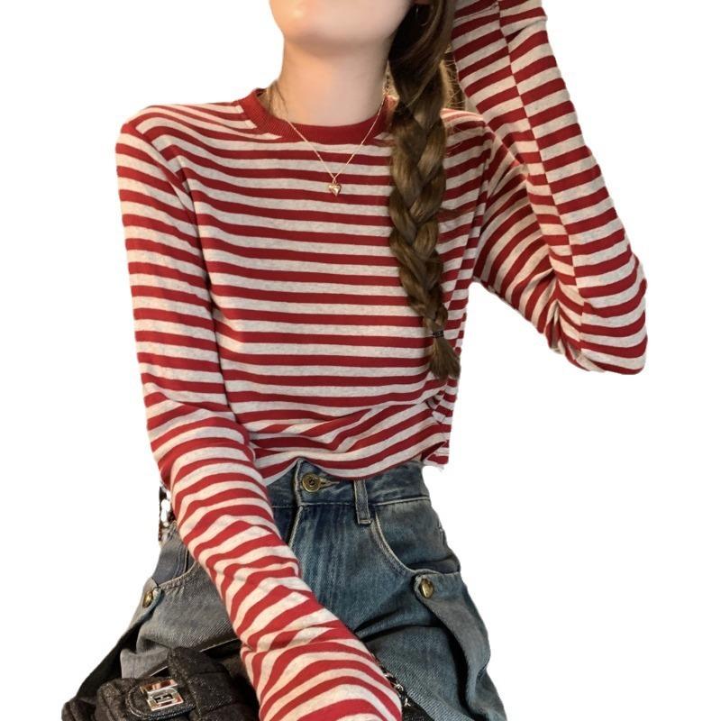 Contrasting Striped Long Sleeve Shirt Women's Autumn New Casual Skinny Inner Bottom Shirt Short Student Top
