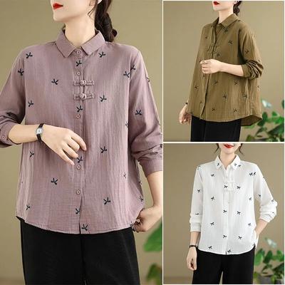 Spring and Autumn Lapel Button Cotton Long-sleeved Shirt Women Chinese Style Embroidered Blouse Women