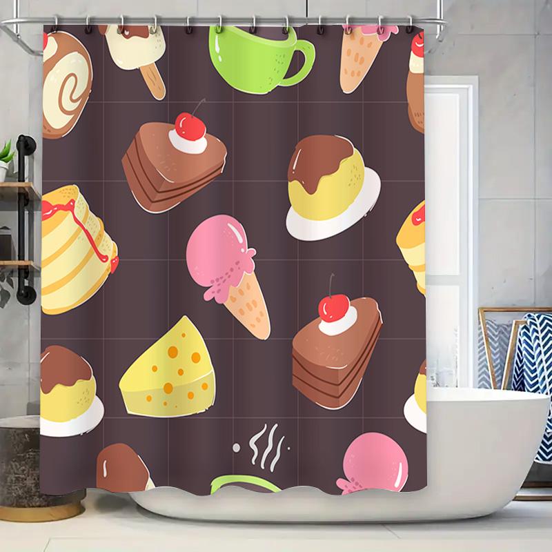 

Vintage Style Ice Cream Pattern Shower Curtain for Bathroom Decoration Waterproof Fabric with Hook Rings 90x180cm