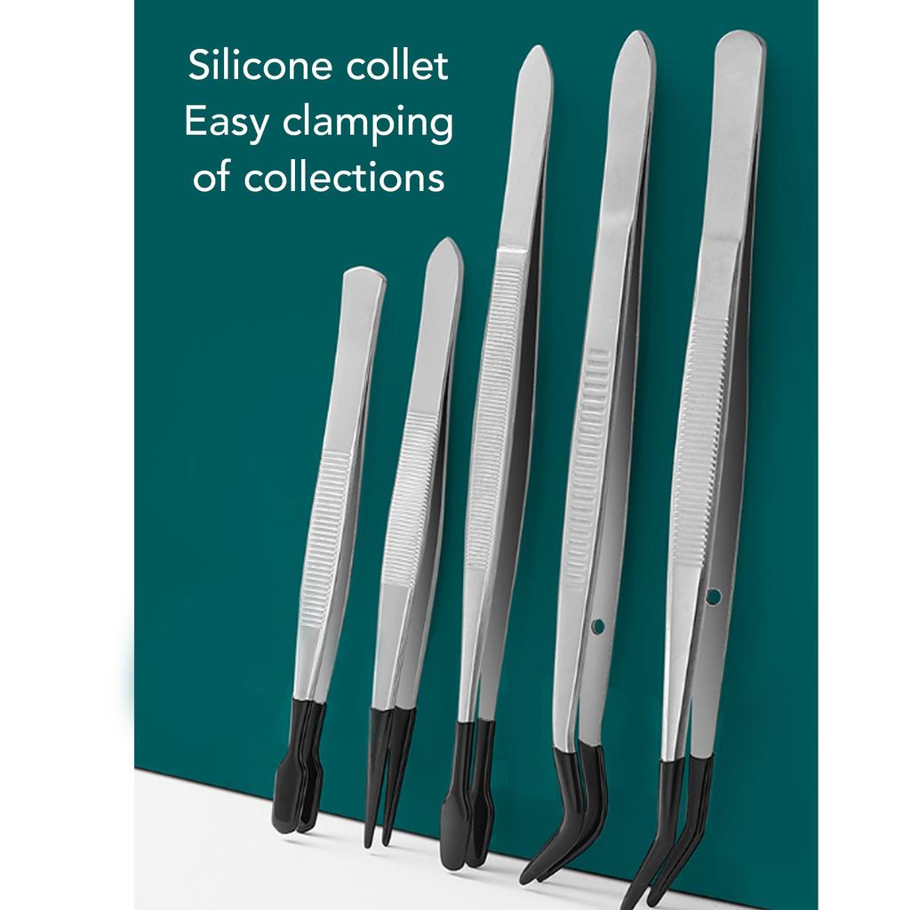 6Pcs Set Stainless Steel Tweezers Tool Rubber Wrapped Head Multifunctional False Eyelash Tweezers for Makeup Application and Stamp Collection