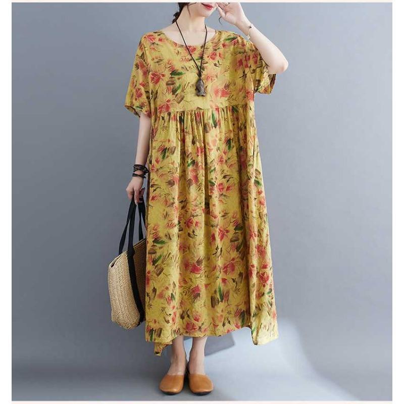 Loose and Thin Retro Swing Round Neck Short Sleeve Long Dresses