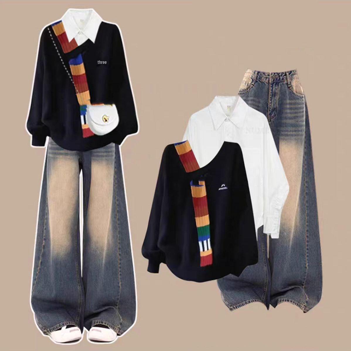 

Женский наряд высокого класса: Трикотажный свитер в стиле пэчворк и облегающие джинсы с высокой посадкой, комплект из трех предметов для поздней осени и зимы 2XL