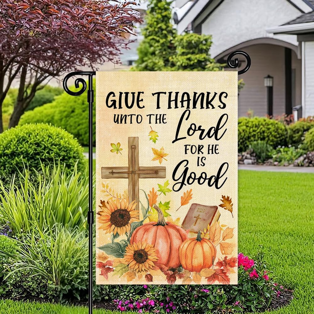 Give Thanks Thanksgiving Garden Flag, Double Sided Outside Bless Harvest Holiday Yard Outdoor Decorative Flag, Gifts for Friend Family
