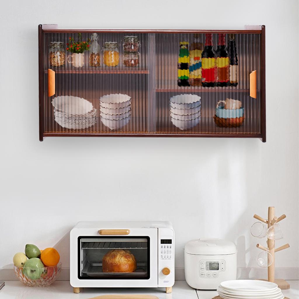 Wall Mount Bamboo Wood Pantry Cabinet,77/80cm 2 Tiers Log Color/Walnut Rectangular Wall Sideboard with Glass Doors for Kitchen